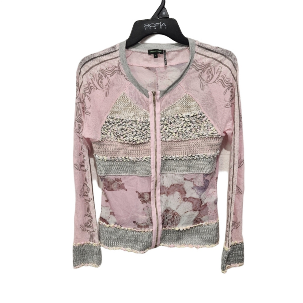 Tricotto Mixed Media Front Zip Artisan Style Long Sleeve